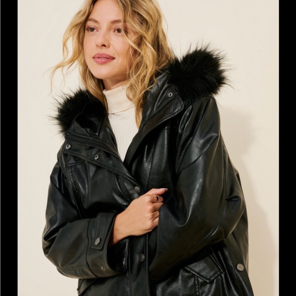 Pilcro Black Leather Jacket with Faux Fur Collar
